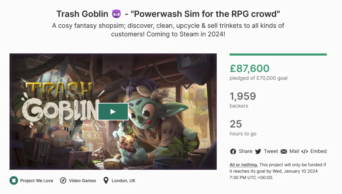 Headline: The Rise of the ‘Cosy’ Sim: Trash Goblin Surpasses Funding Goals as Spilt Milk Studios Enters Final 24 Hours of Kickstarter Campaign